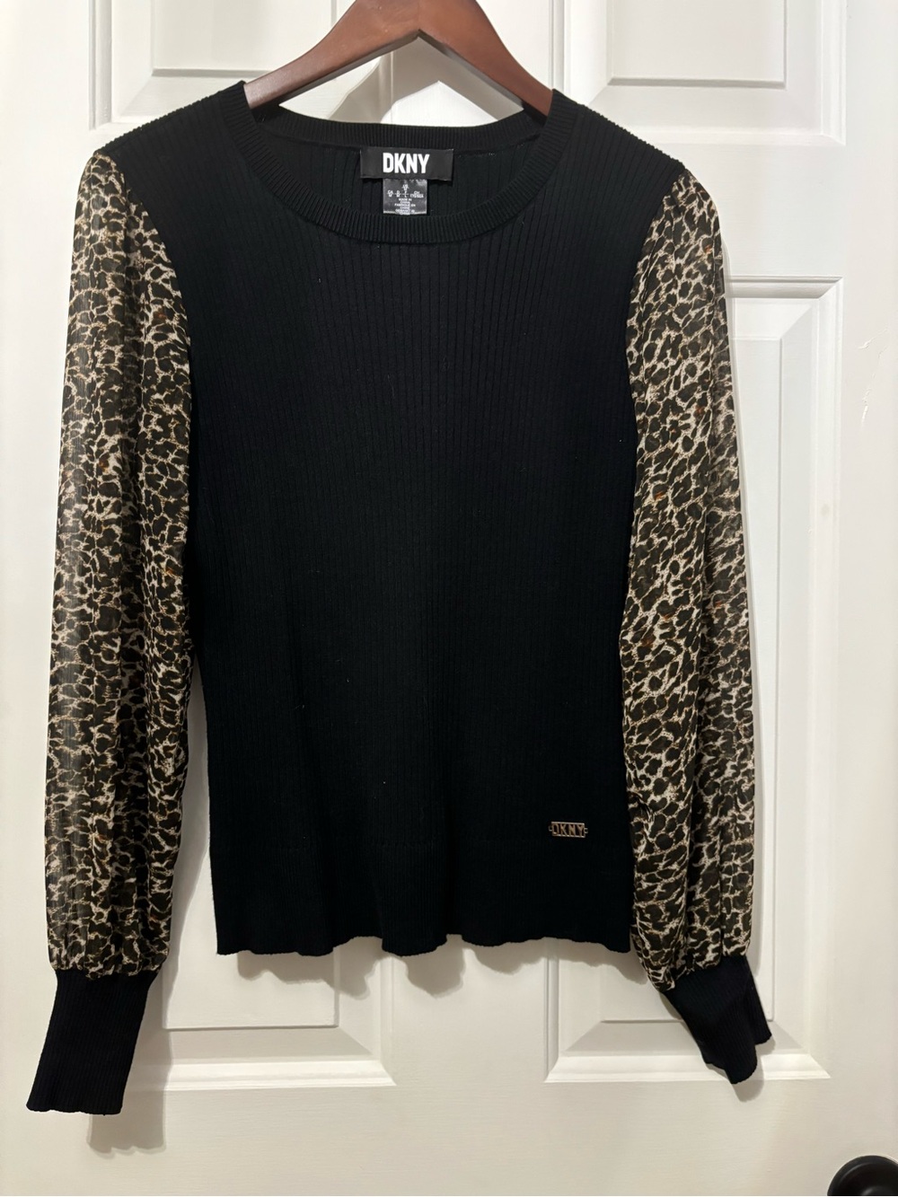 DKNY Black Sweater with Leopard-Print Sheer Sleeves